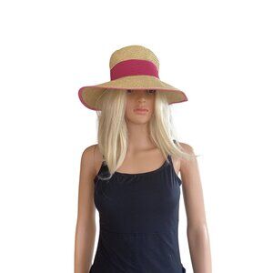 Scala Women's OS Big Brim Raffia Paper Straw Hat Beige Pink Ribbon Bow